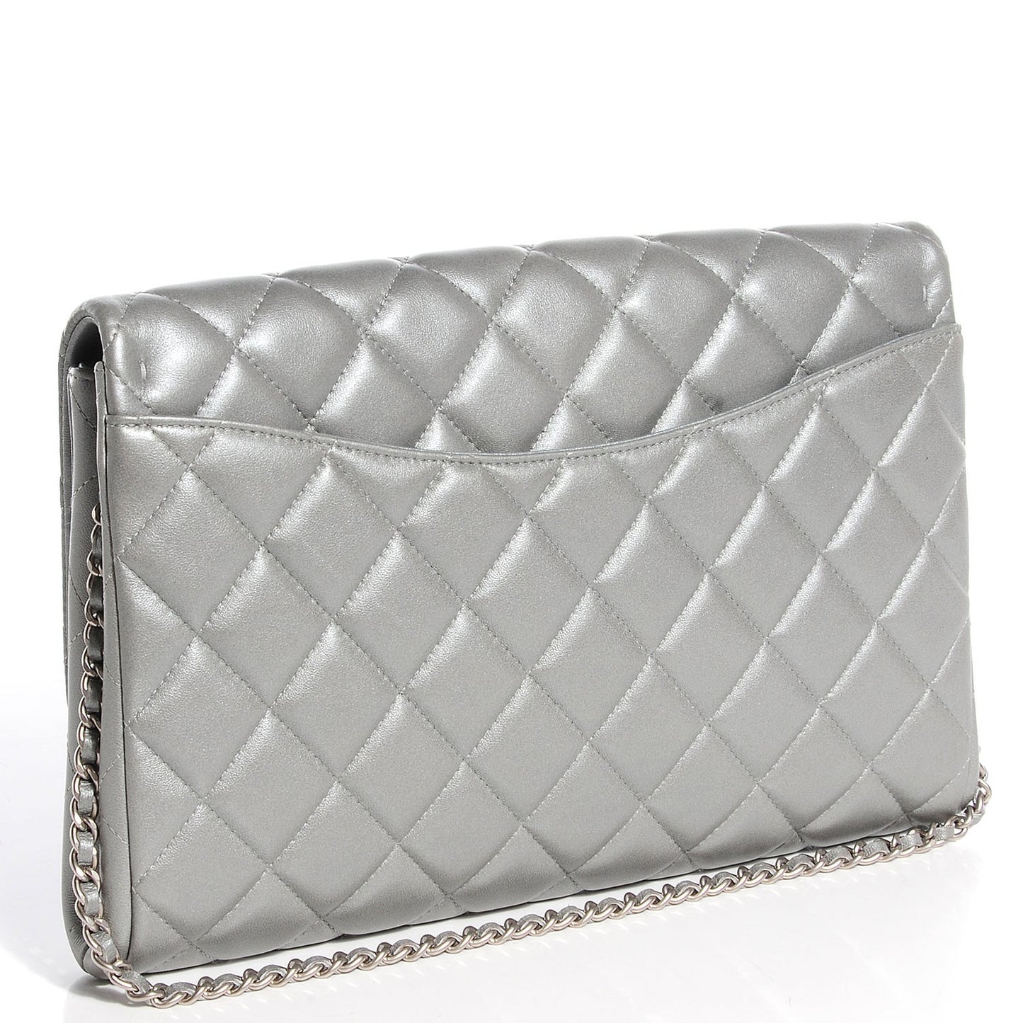 Lambskin Quilted Clutch With Chain Flap Silver