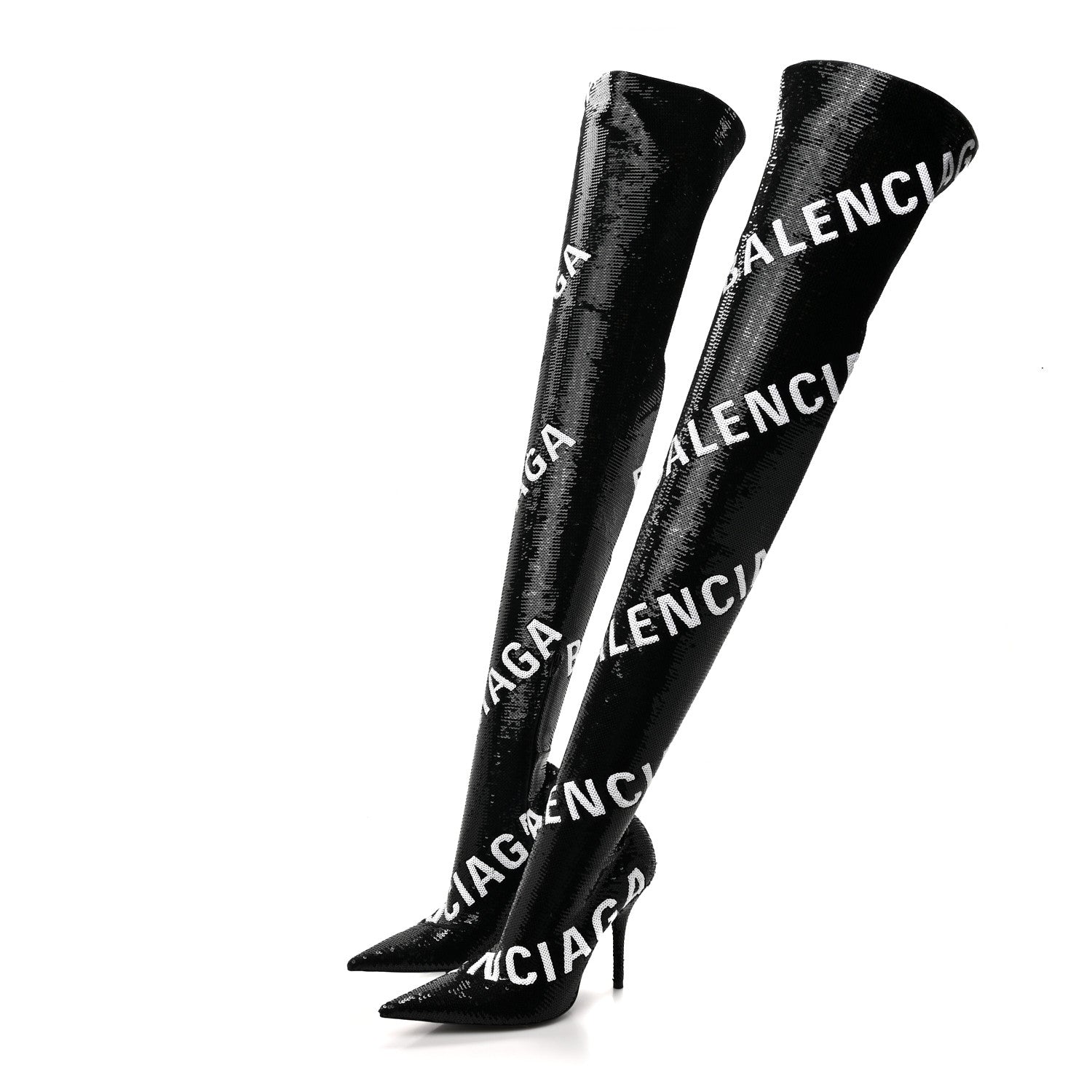 Balenciaga Sequin Spandex Logo 110mm Knife Thigh High Boots 37 Black 3 of 9