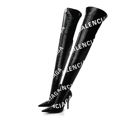 Balenciaga Sequin Spandex Logo 110mm Knife Thigh High Boots 37 Black 3 of 9