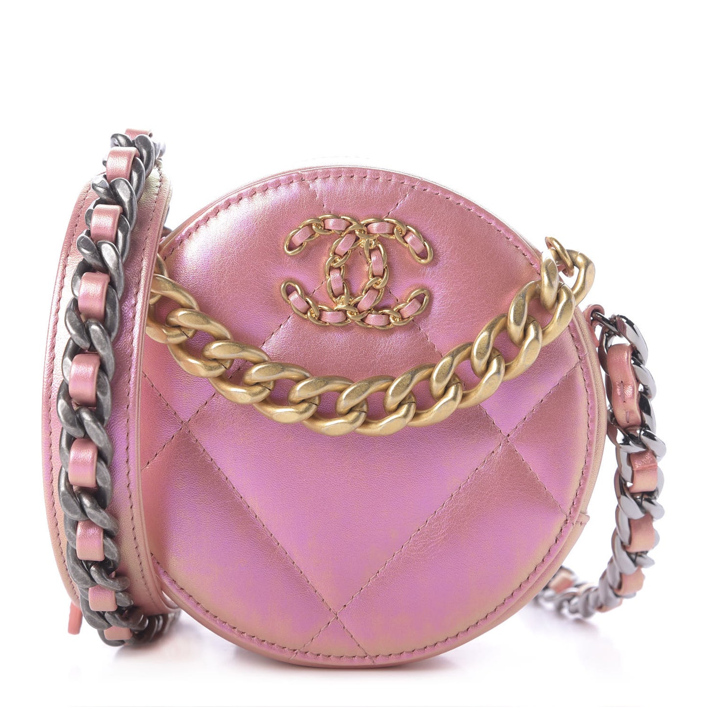 Iridescent Calfskin Quilted 19 Round Clutch With Chain Pink