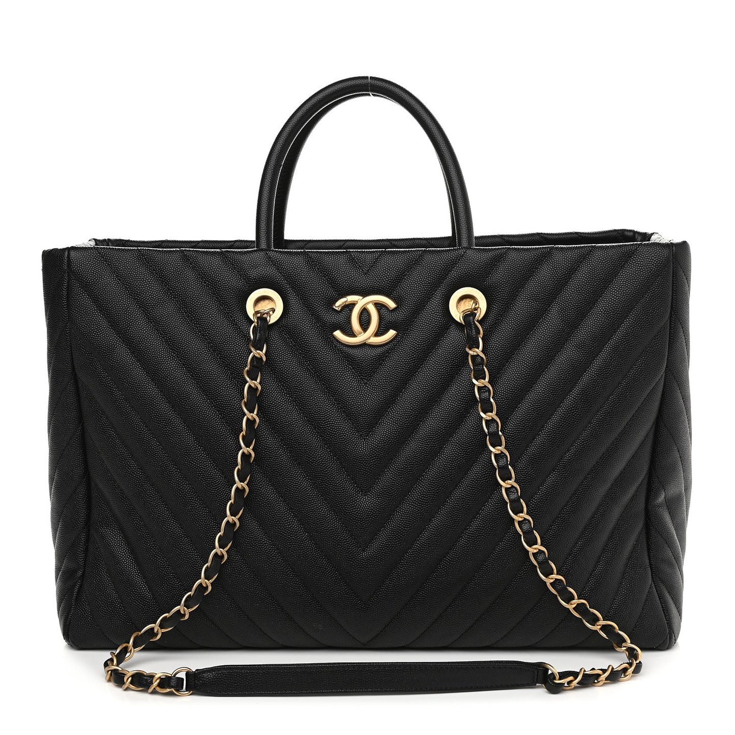 Caviar Chevron Quilted Coco Handle Shopping Tote Black