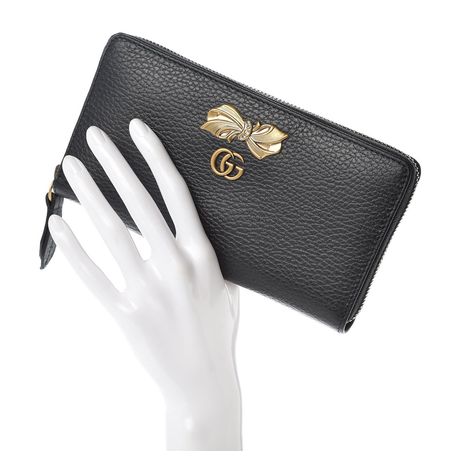 Calfskin GG Marmont Bow Zip Around Wallet Black