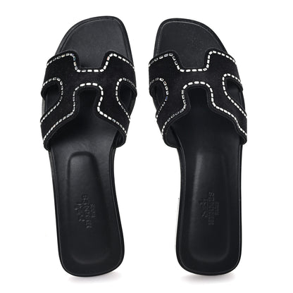 Hermes Suede Goatskin Crystal Embellished Oran Sandals 38 Black 2 of 9