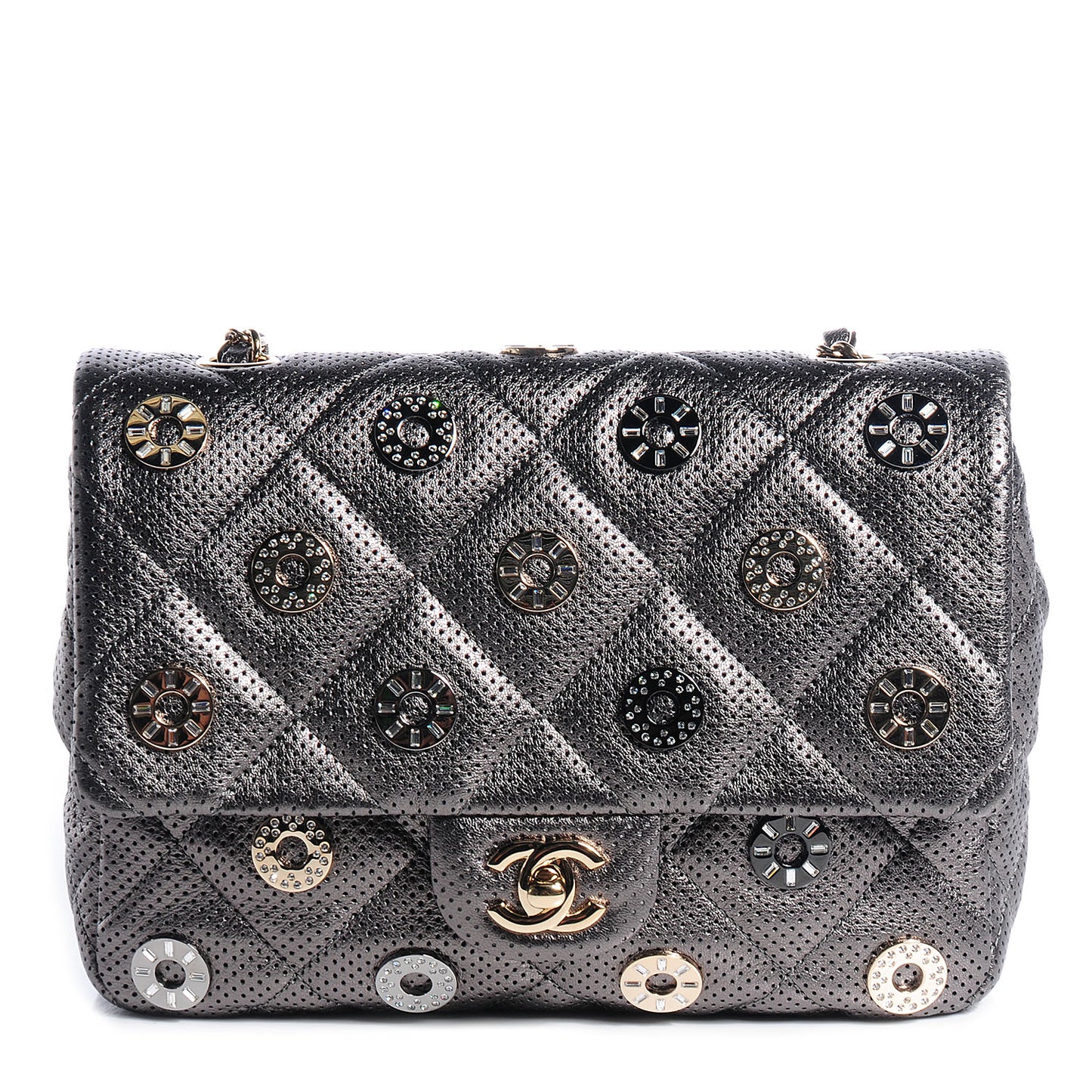Perforated Metallic Lambskin Small CC Medals Flap Grey
