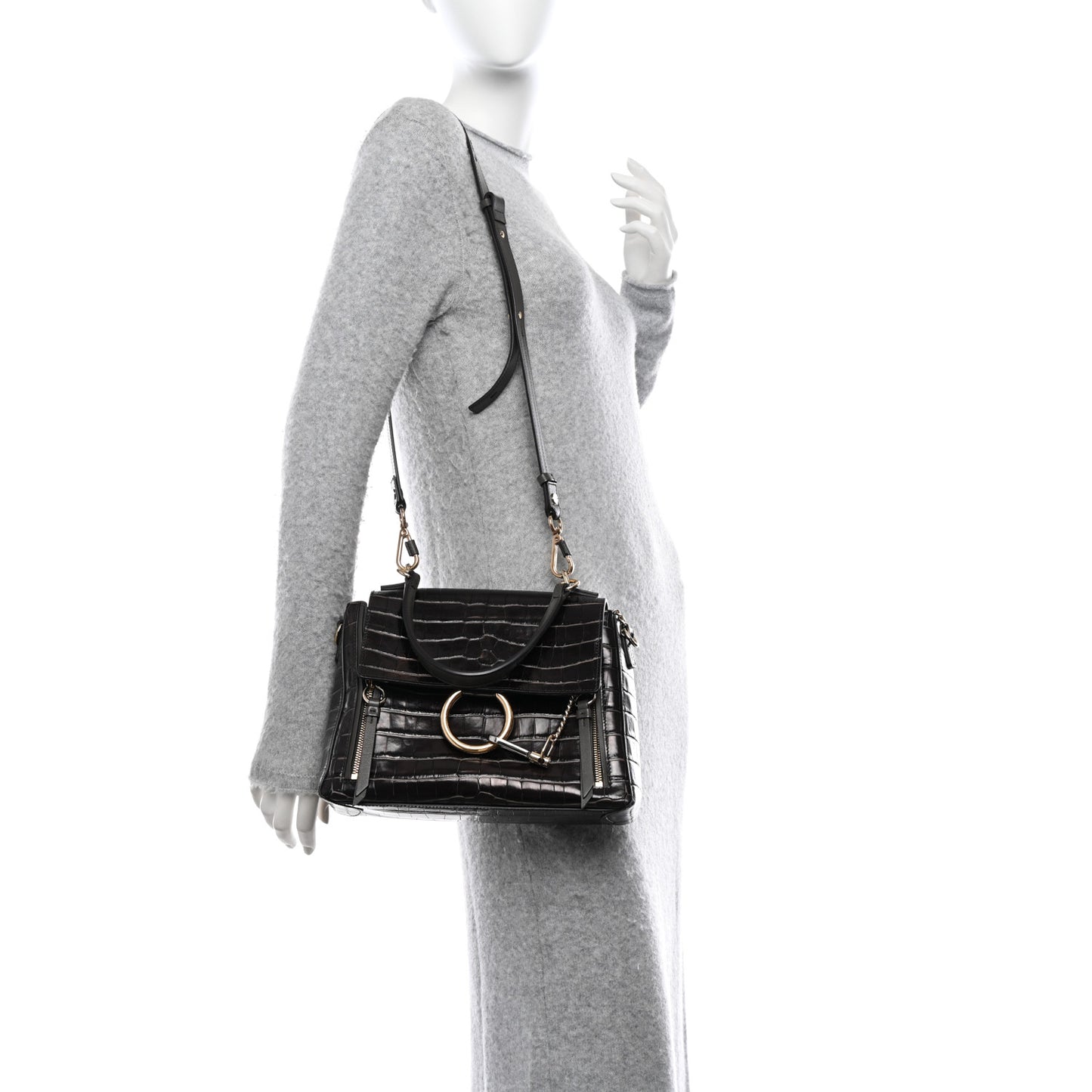 Calfskin Crocodile Embossed Small Faye Day Shoulder Bag Profound Brown