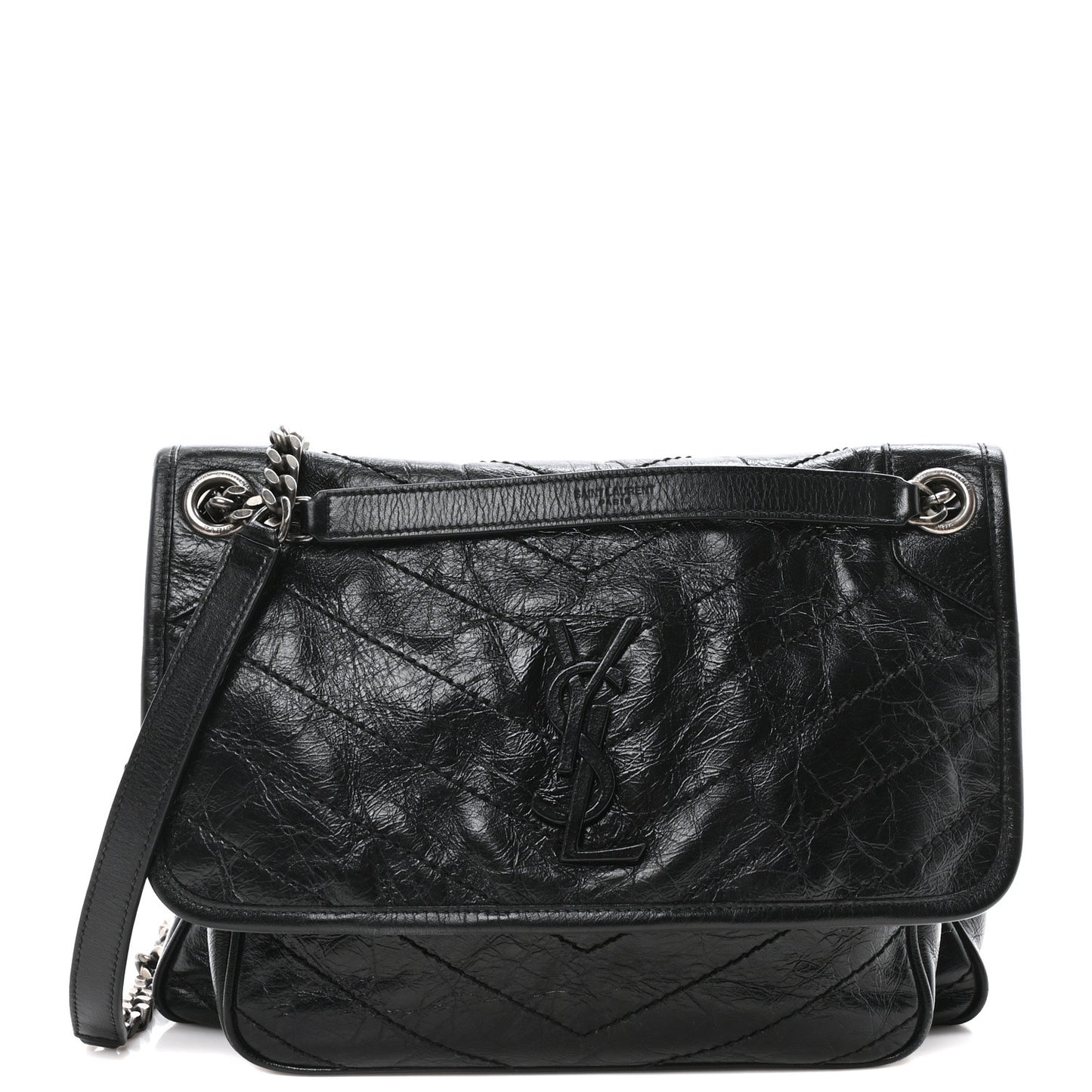Crinkled Calfskin Matelasse Monogram Medium Niki Chain Satchel Black
