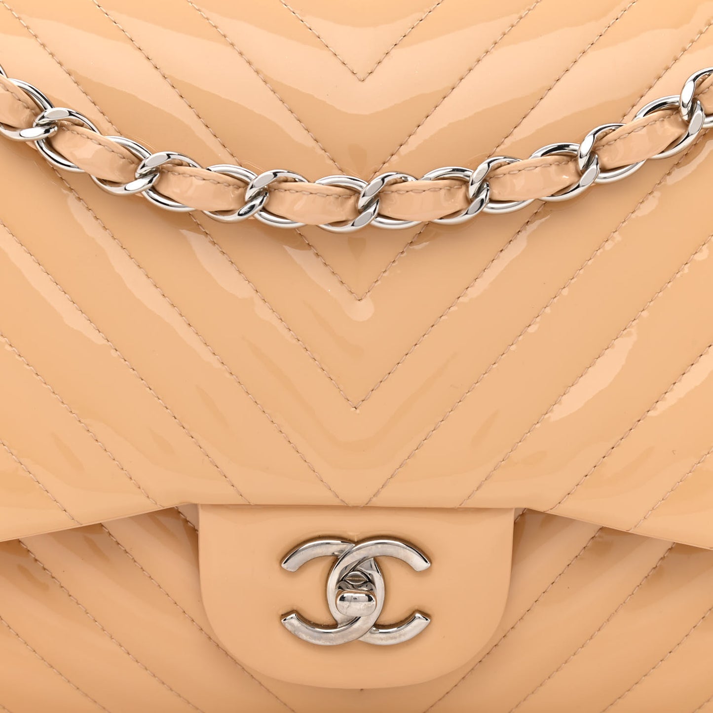 Patent Chevron Quilted Jumbo Double Flap Beige