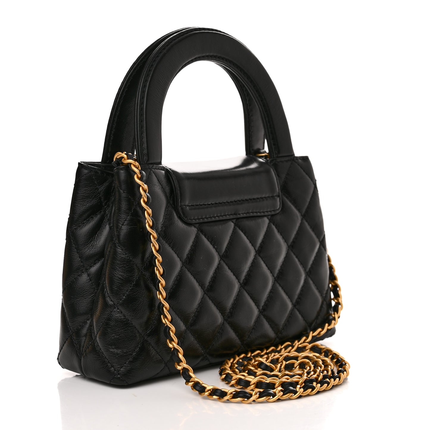 Shiny Aged Calfskin Quilted Nano Kelly Shopper Black