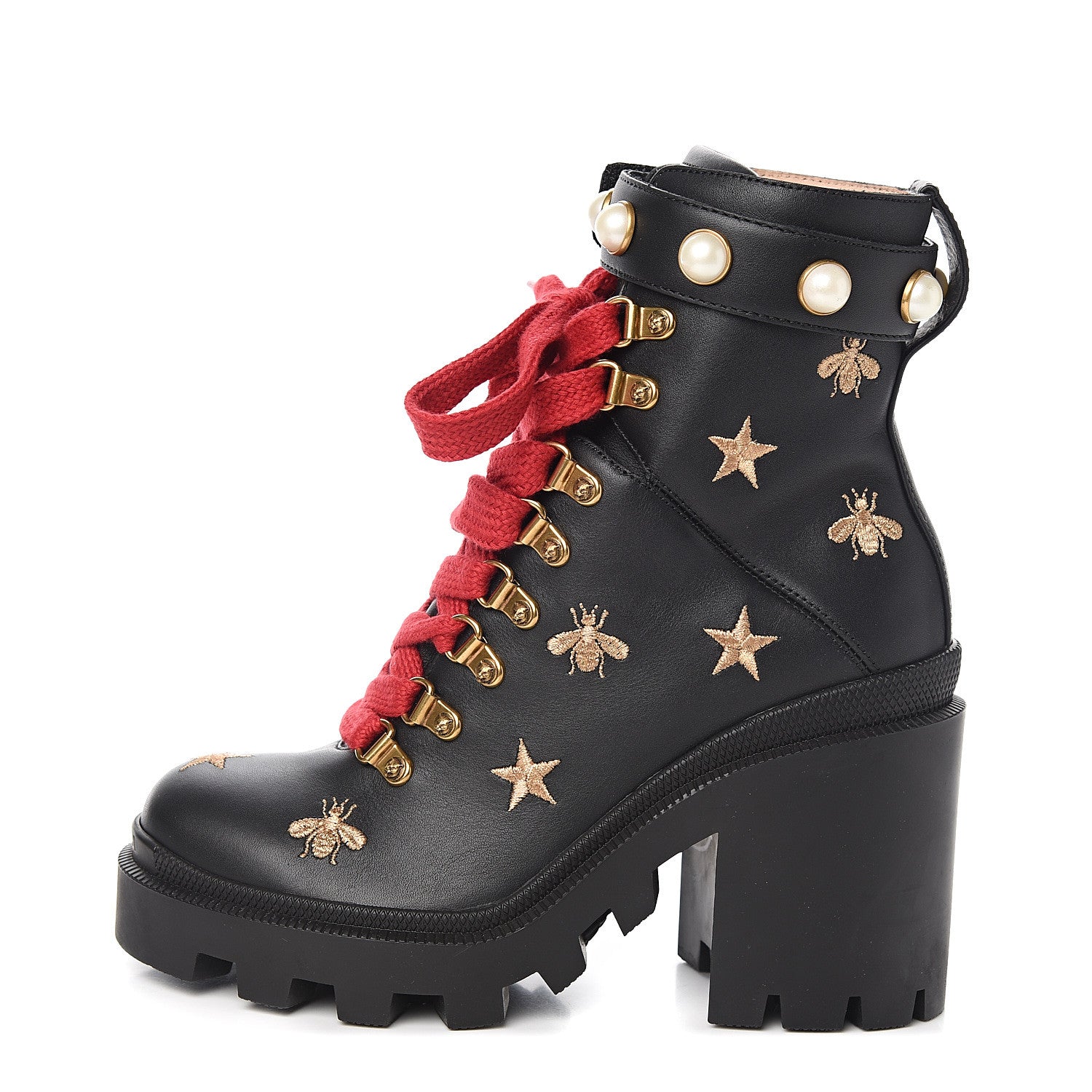 Gucci Calfskin Embroidered Lace Up Combat Ankle Boots 35.5 Black 1 of 9