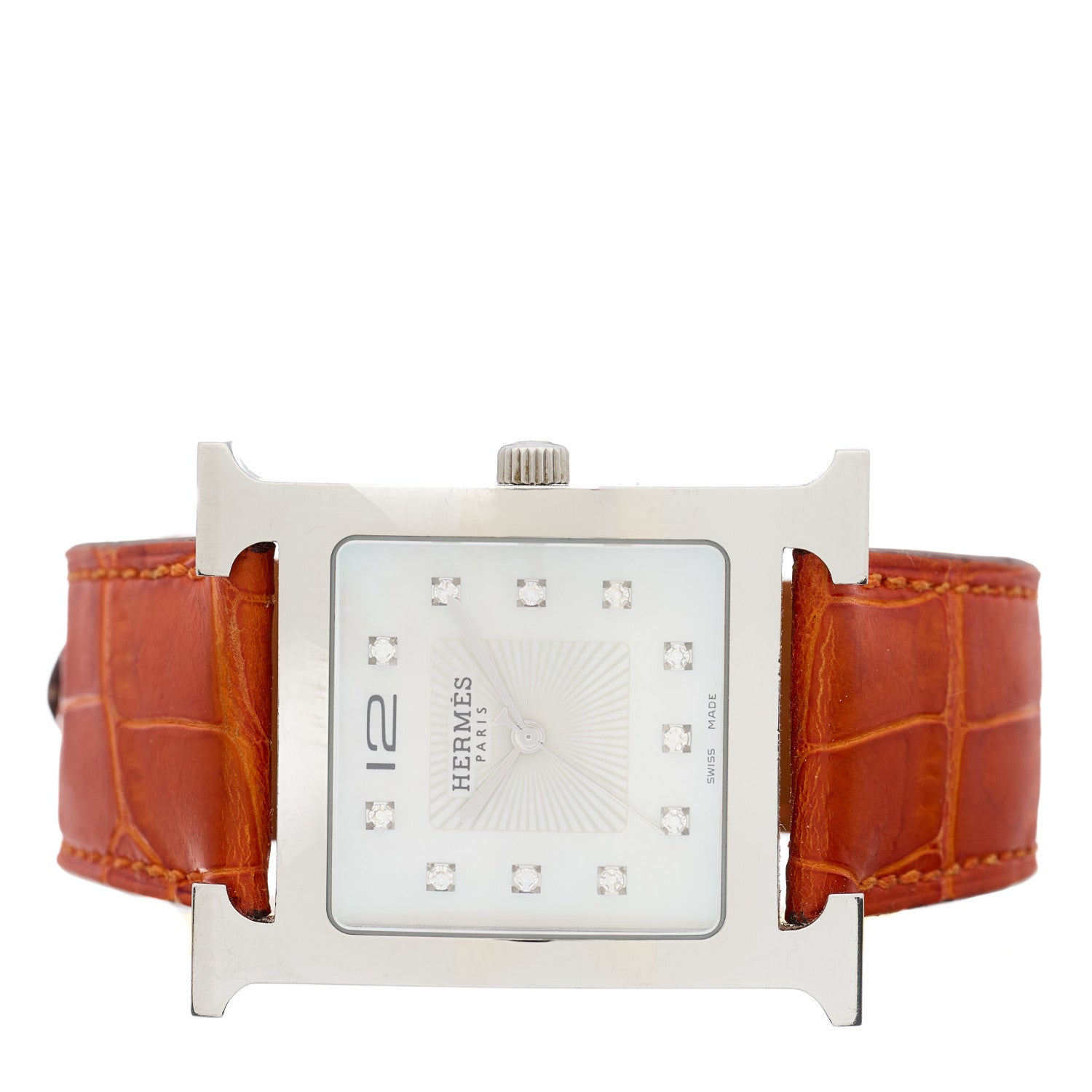 Hermes Stainless Steel Alligator Diamond Mother of Pearl 30.5mm Heure H Hour Quartz Watch Orange 2 of 4