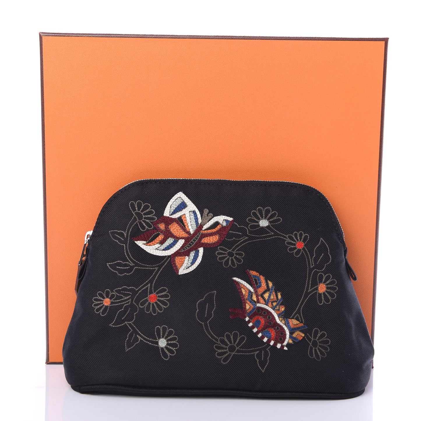 Cotton Canvas Embroidered Bolide Travel Cosmetic Pouch Black