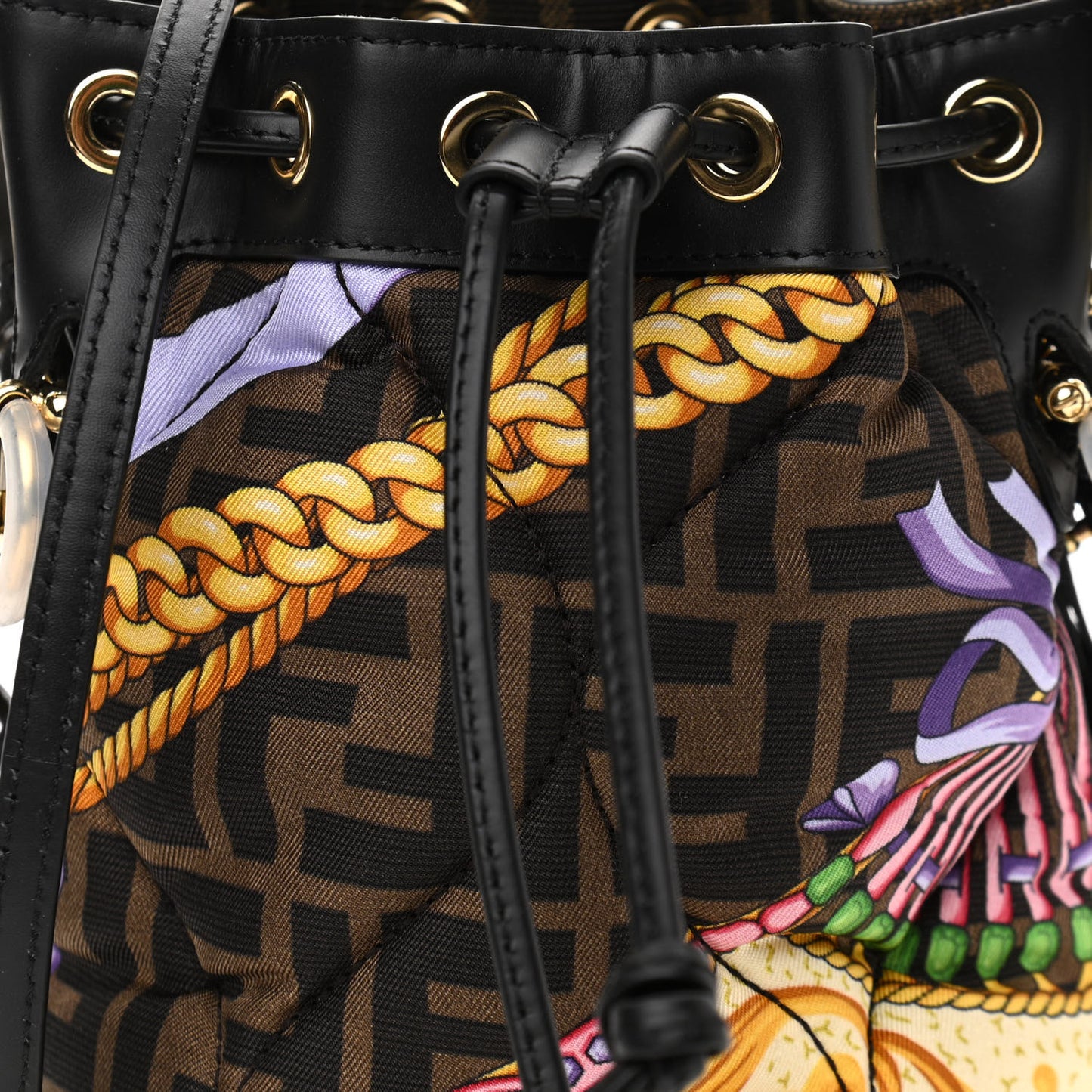 X VERSACE Silk Vitello Fendace FF Baroque Quilted Mini Mon Tresor Bucket Bag Gold Multicolor