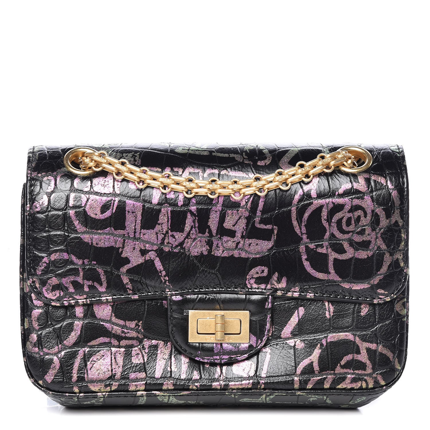 Chanel Calfskin Crocodile Embossed Graffiti 2.55 Mini Cocodile Reissue Flap Black Pink 1 of 13