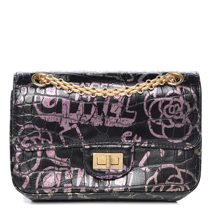 Chanel Calfskin Crocodile Embossed Graffiti 2.55 Mini Cocodile Reissue Flap Black Pink 1 of 13