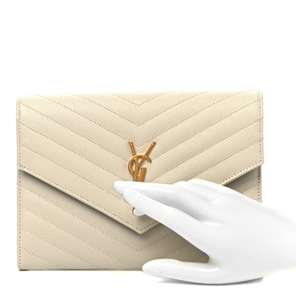Saint Laurent Grain De Poudre Matelasse Chevron Monogram Envelope Clutch Blanc Vintage 2 of 8