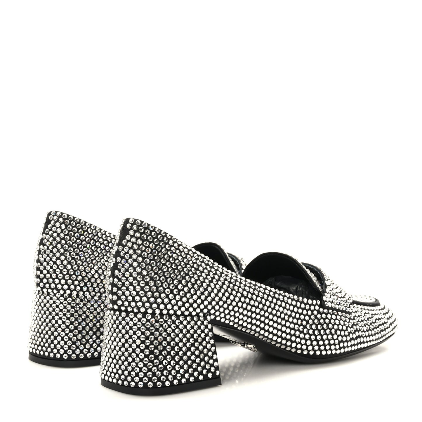 Satin Crystal Embellished Womens Metal Triangle Logo 50mm Loafers 37.5 Crystal
