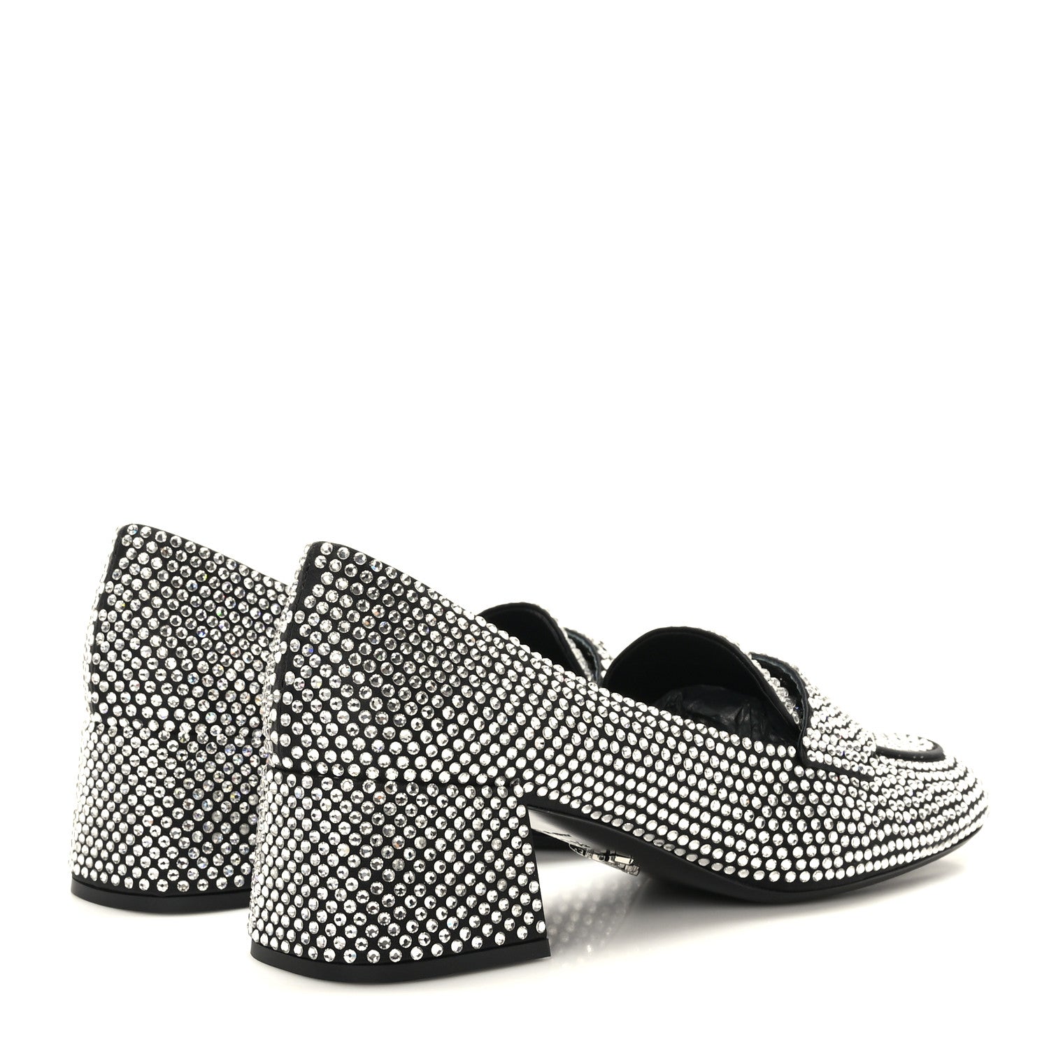 Prada Satin Crystal Embellished Womens Metal Triangle Logo 50mm Loafers 37.5 Crystal 4 of 8