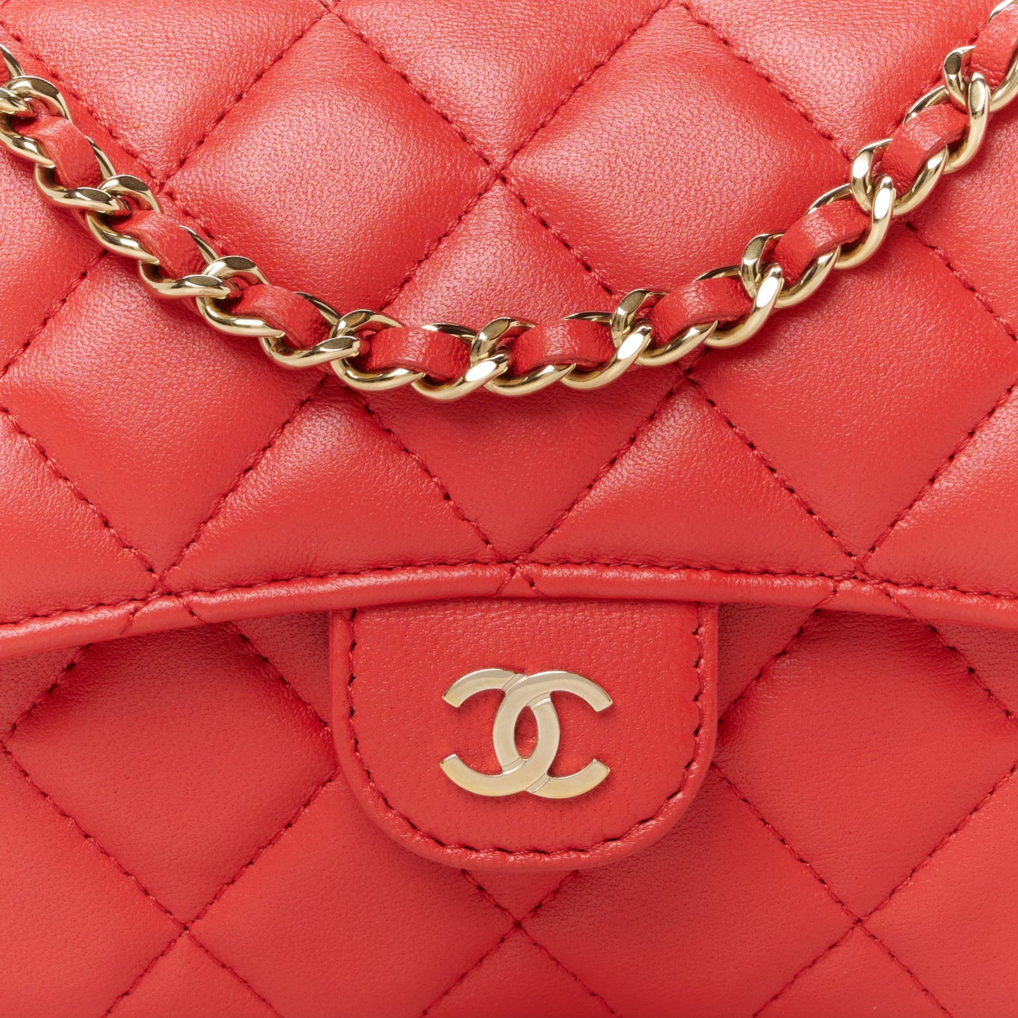 Lambskin Quilted Flap Phone Holder With Chain Red
