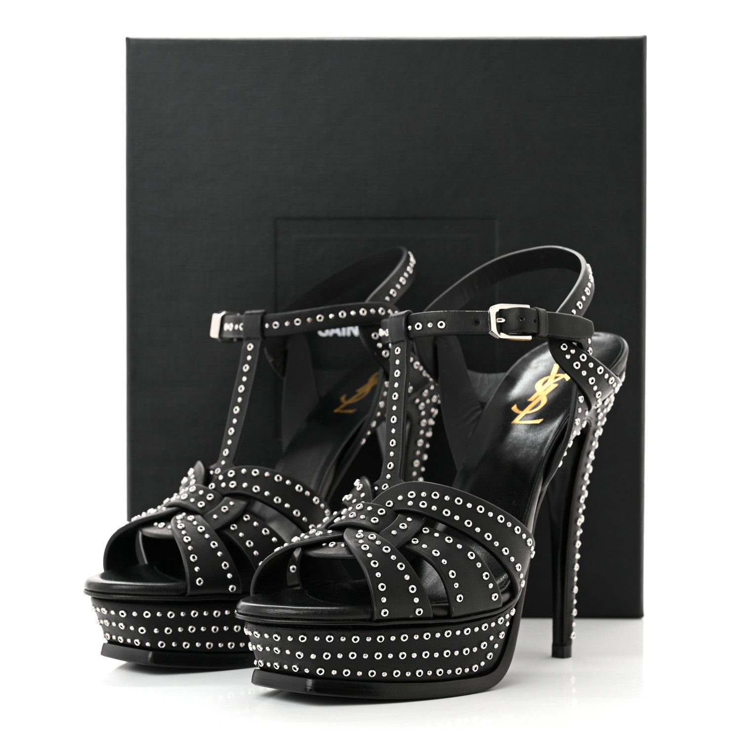 Saint Laurent Calfskin Eyelet Studded Tribute 105 Platform Sandals 39 Black 9 of 9