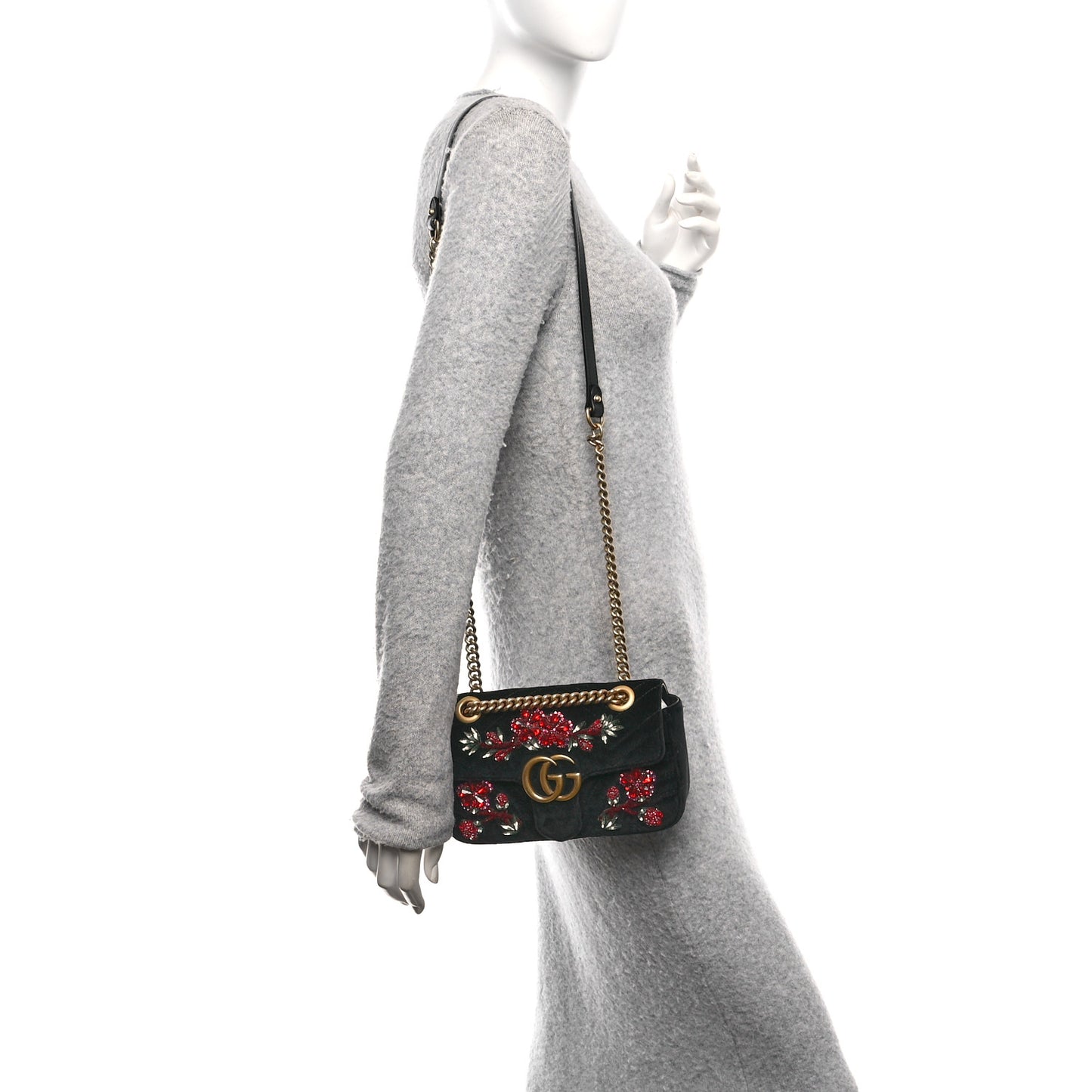 Velvet Matelasse Embroidered Mini GG Marmont Shoulder Bag Black
