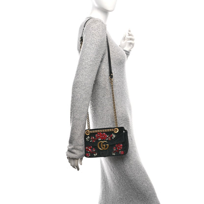 Gucci Velvet Matelasse Embroidered Mini GG Marmont Shoulder Bag Black 2 of 10