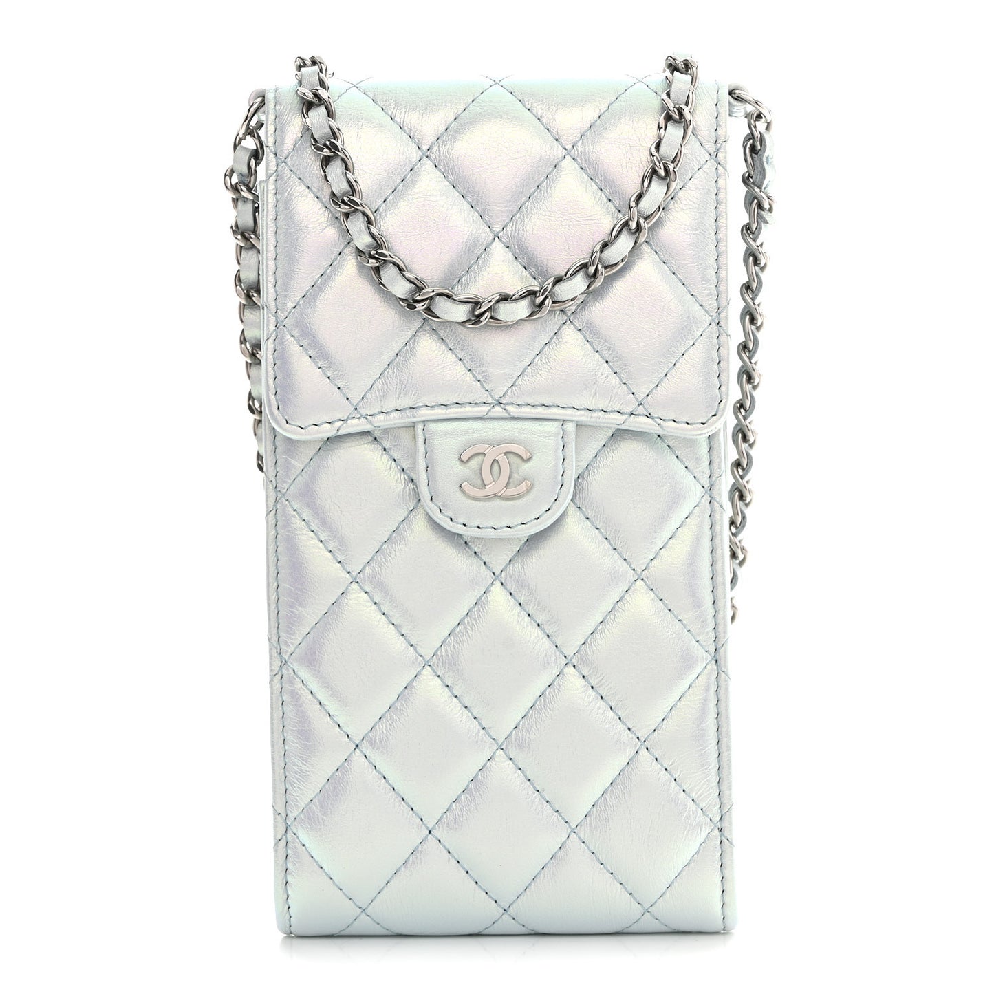 Iridescent Lambskin Quilted CC Phone Holder Blue