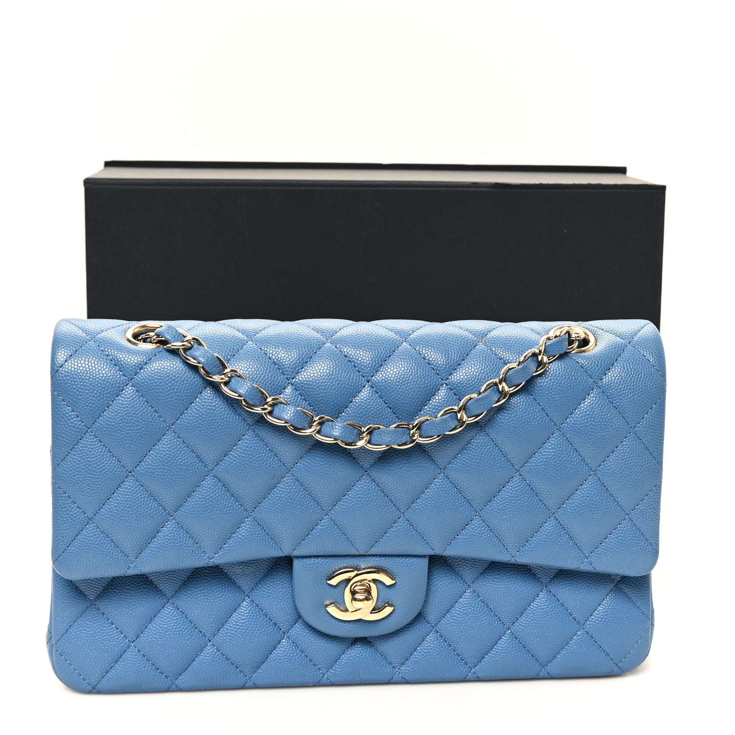 Caviar Quilted Medium Double Flap Blue