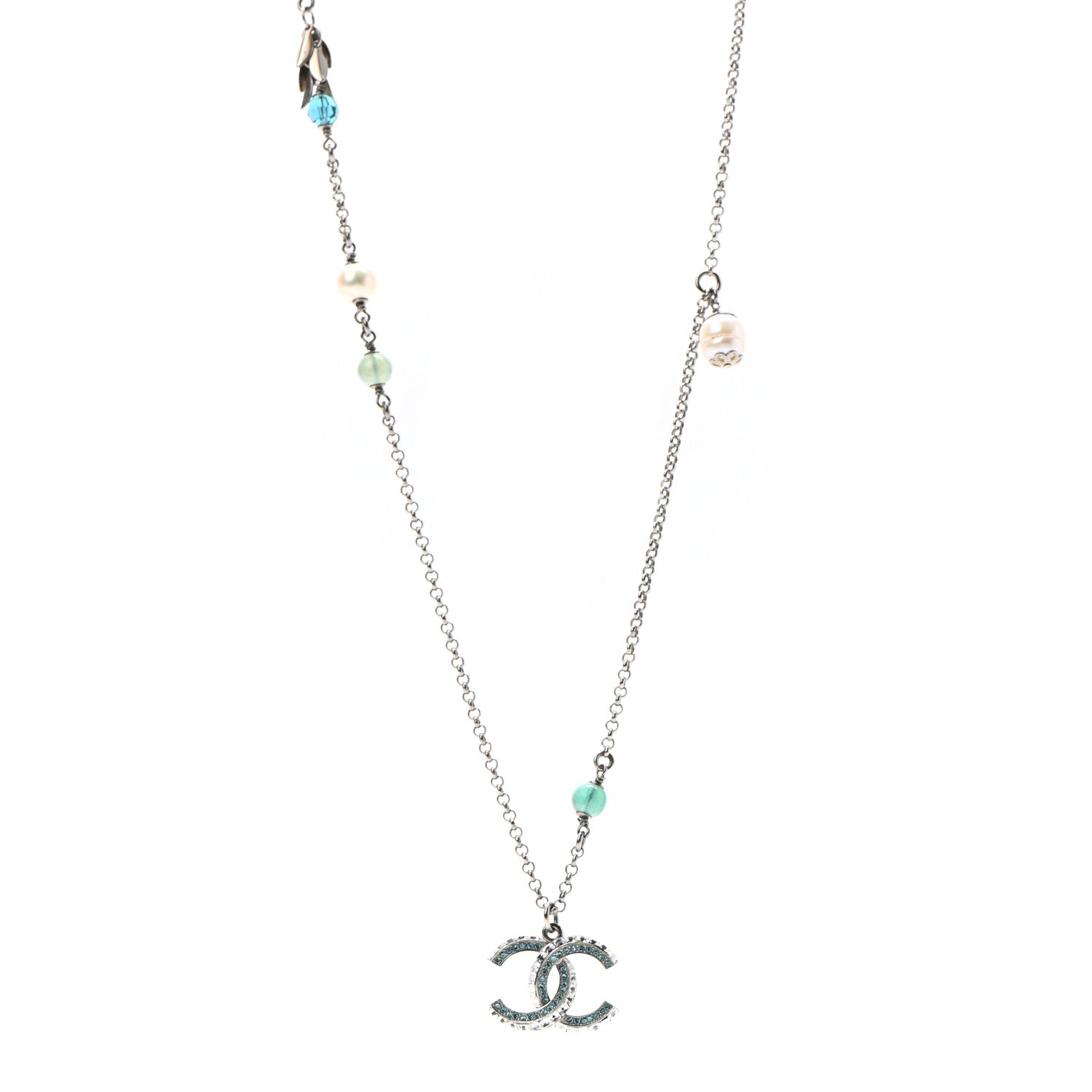 Chanel Crystal Bead Pearl CC Pendant Long Necklace Silver Blue 1 of 6