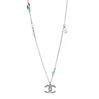 Chanel Crystal Bead Pearl CC Pendant Long Necklace Silver Blue 1 of 6
