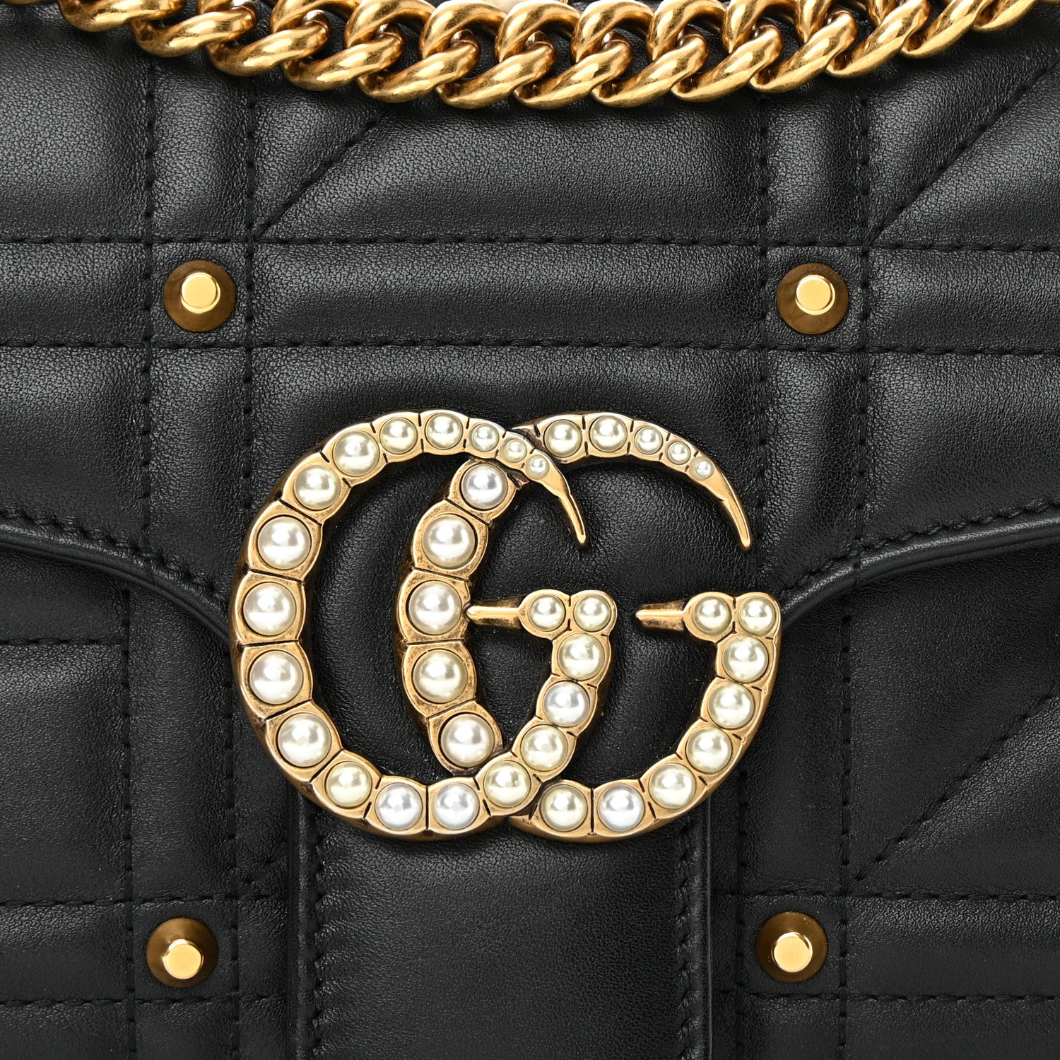 Gucci Calfskin Matelasse Studded Small Pearly GG Marmont Shoulder Bag Black 8 of 15