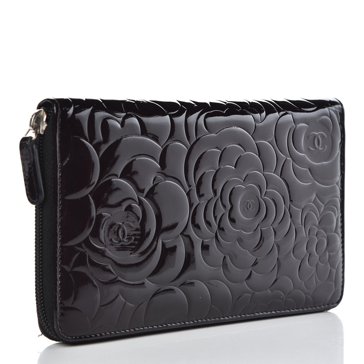 Patent Camellia Embossed Large Zip Around Gusset Wallet Black