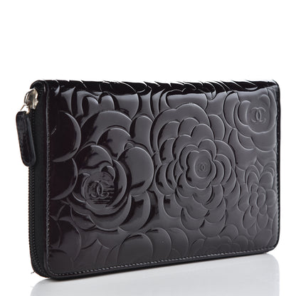 Chanel Patent Camellia Embossed Large Zip Around Gusset Wallet Black 3 of 9