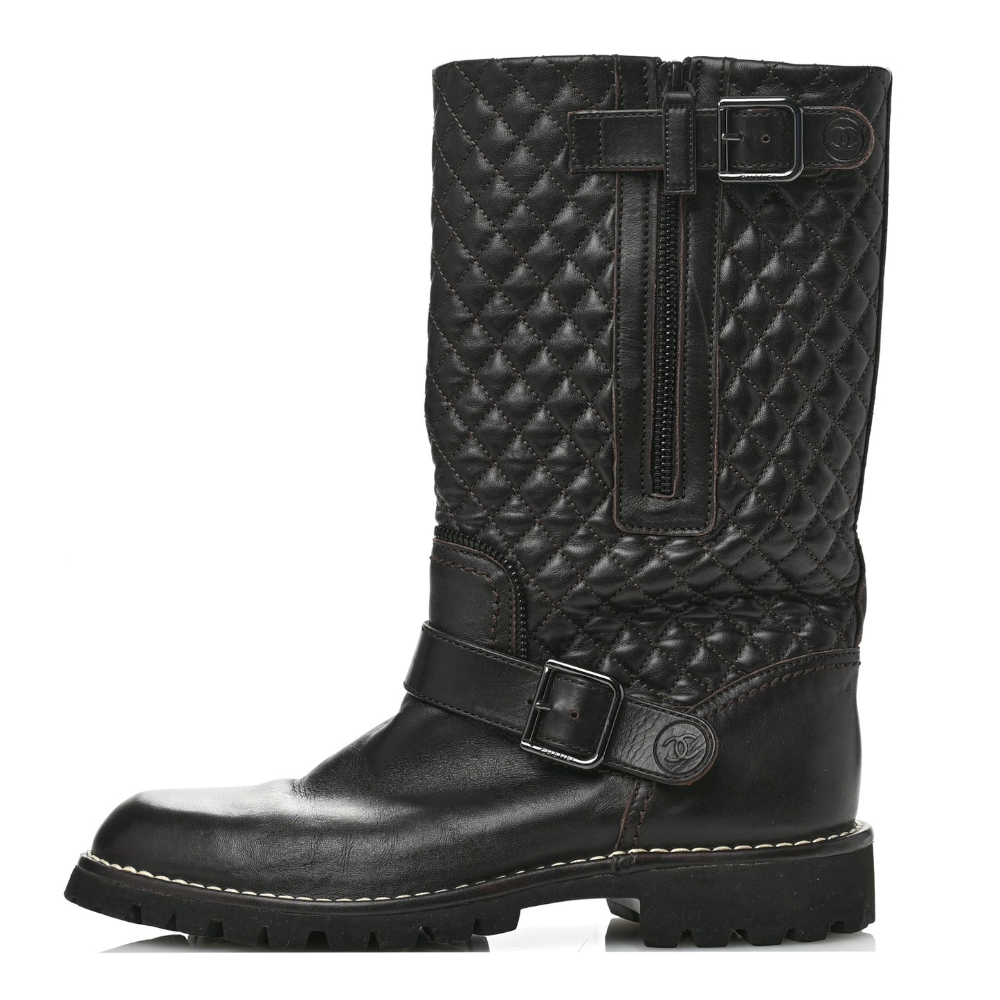 Calfskin Quilted Biker Boots 39 Brown