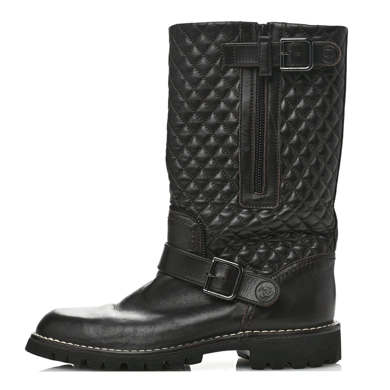 Chanel Calfskin Quilted Biker Boots 39 Brown 1 of 13