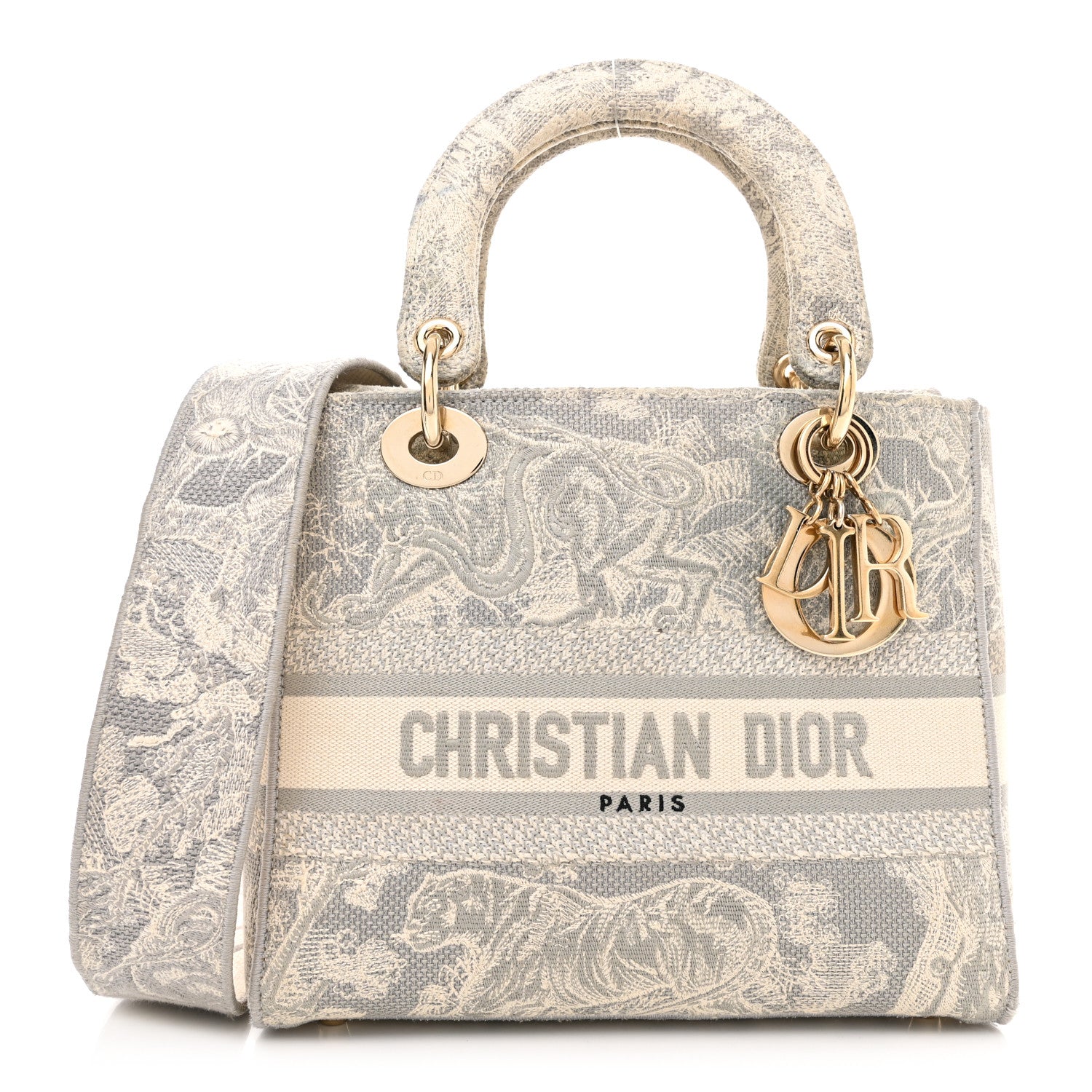 Christian Dior Canvas Toile De Jouy Reverse Embroidered Medium Lady D-Lite Gray 1 of 9
