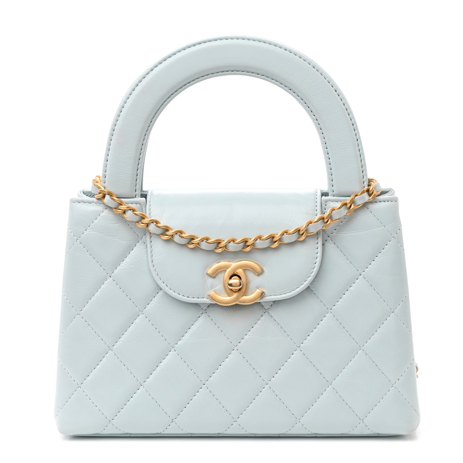 Chanel Shiny Aged Calfskin Quilted Nano Kelly Shopper Light Blue 1 of 12