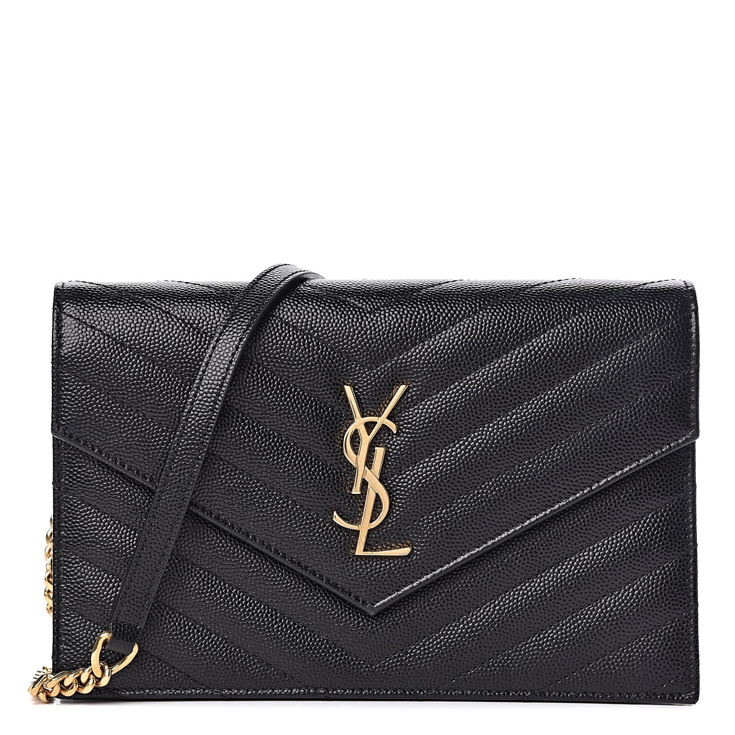 Grain De Poudre Matelasse Chevron Monogram Envelope Chain Wallet Black