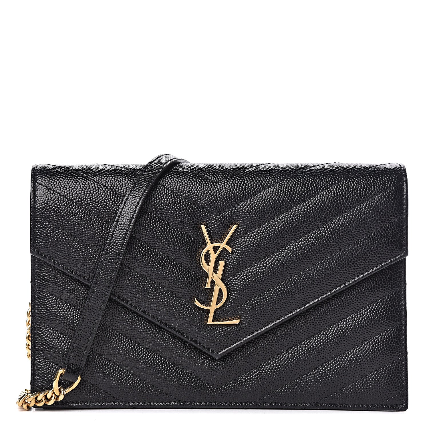 Saint Laurent Grain De Poudre Matelasse Chevron Monogram Envelope Chain Wallet Black 1 of 10