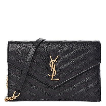 Saint Laurent Grain De Poudre Matelasse Chevron Monogram Envelope Chain Wallet Black 1 of 10