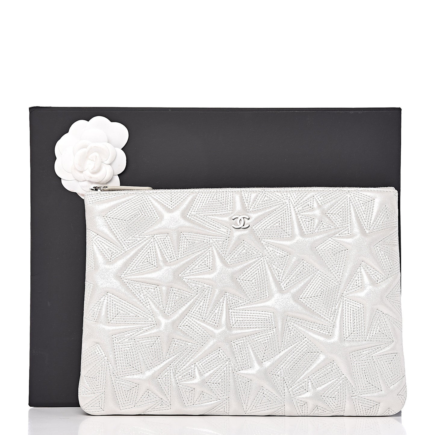 Metallic Lambskin Star Embossed Medium Cosmetic Pouch Light Silver