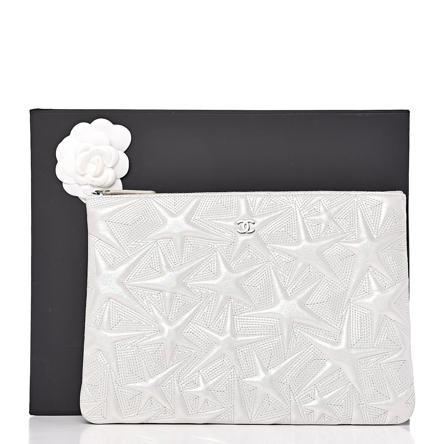 Chanel Metallic Lambskin Star Embossed Medium Cosmetic Pouch Light Silver 10 of 10