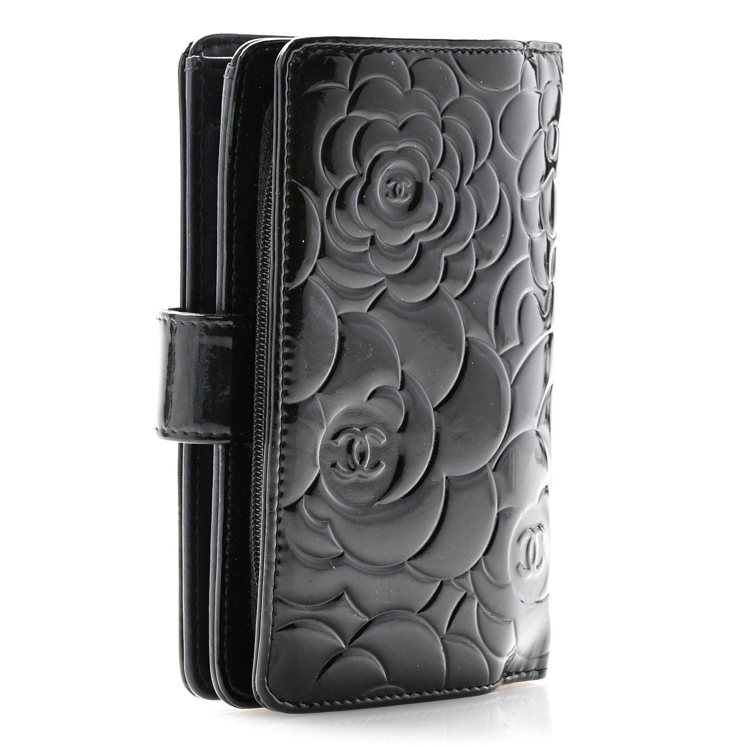 Chanel Patent Camellia Embossed Zipped Pocket Wallet Black 3 of 11