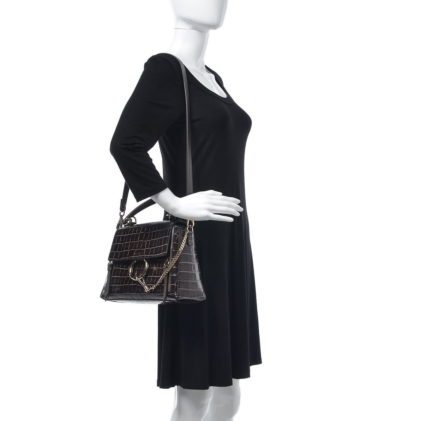Calfskin Crocodile Embossed Small Faye Day Shoulder Bag Profound Brown