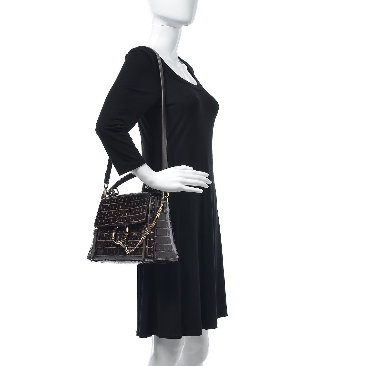 Chloe Calfskin Crocodile Embossed Small Faye Day Shoulder Bag Profound Brown 3 of 7