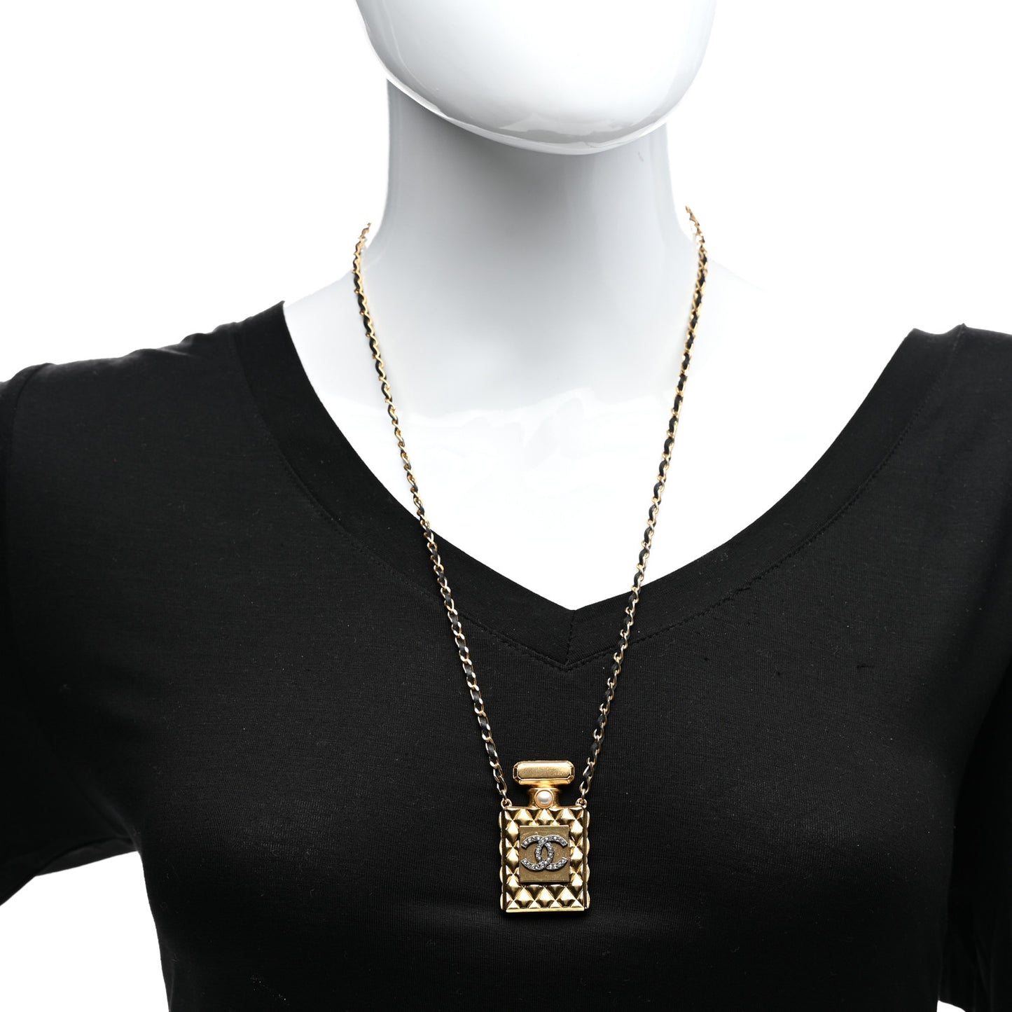 Crystal Pearl Perfume Bottle CC Necklace Black Gold
