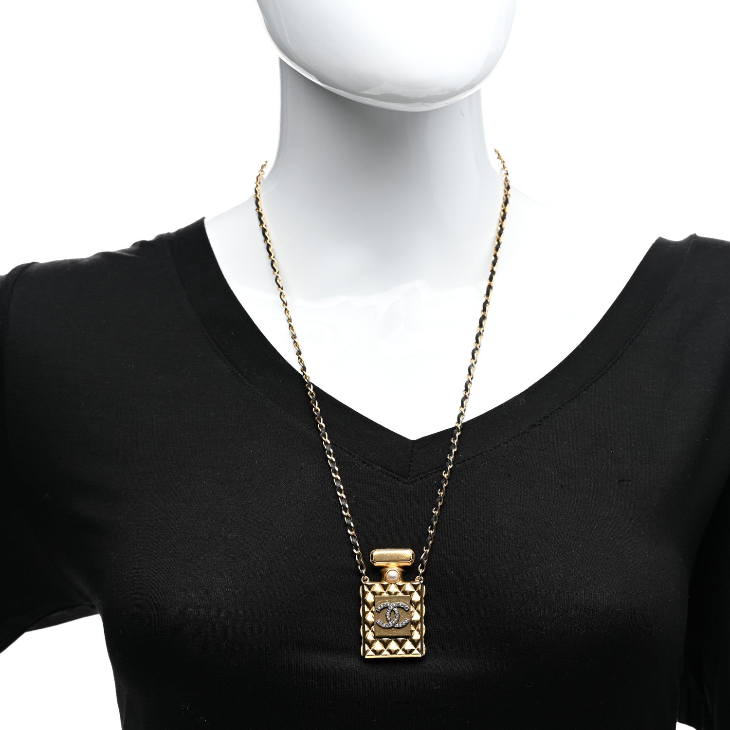 Chanel Crystal Pearl Perfume Bottle CC Necklace Black Gold 2 of 6
