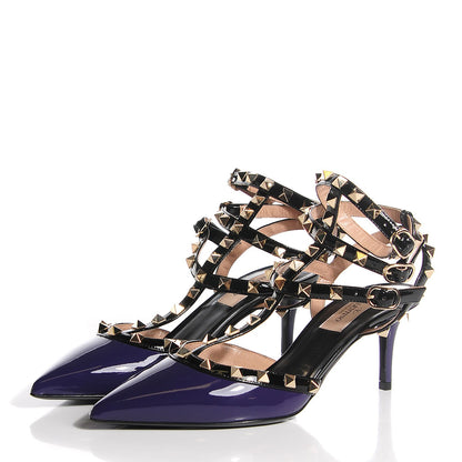Valentino Garavani Patent Rockstud Ankle Strap Low Heel Pumps 38 Purple Black 3 of 6