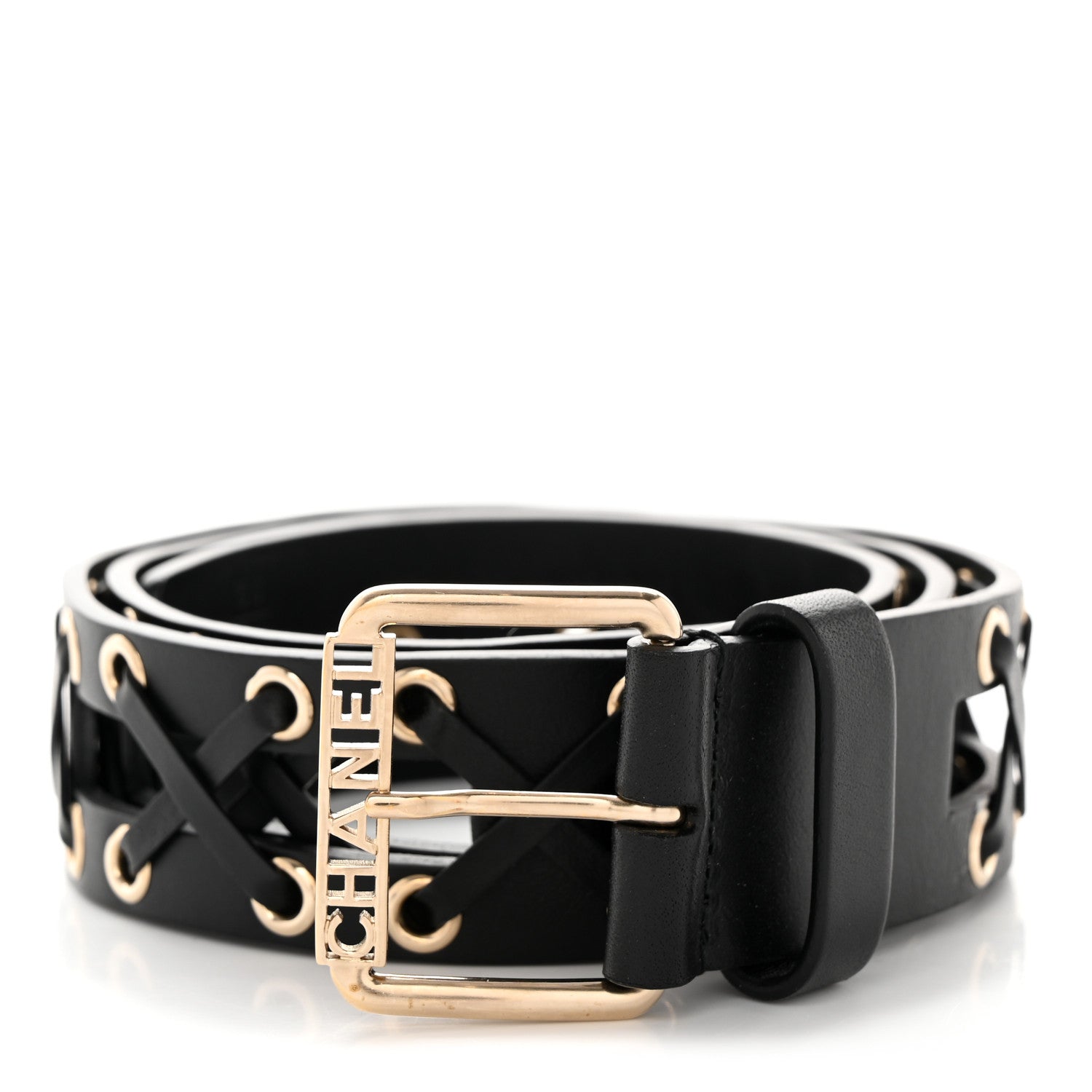 Chanel Calfskin Cross Stitch Grommet Belt 80/32 Black 1 of 7