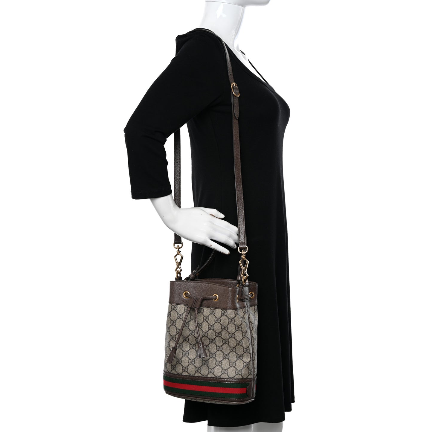 GG Supreme Monogram Web Small Ophidia Bucket Bag Brown