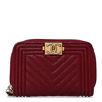 Chanel Caviar Chevron Quilted Boy Zip Around Coin Purse Wallet Burgundy 1 of 11